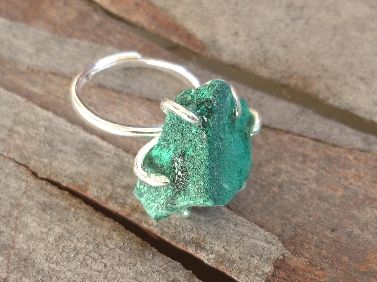 Adjustable open finger ring with Raw Green Malachite, natural gemstone, fashion dainty elegant women protection stone