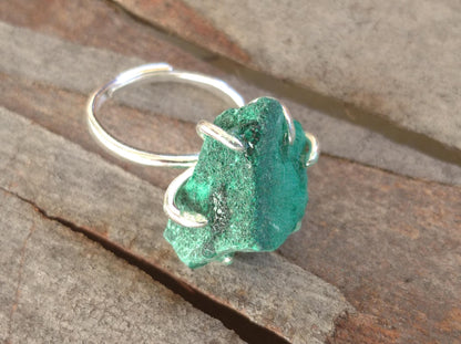 Adjustable open finger ring with Raw Green Malachite, natural gemstone, fashion dainty elegant women protection stone