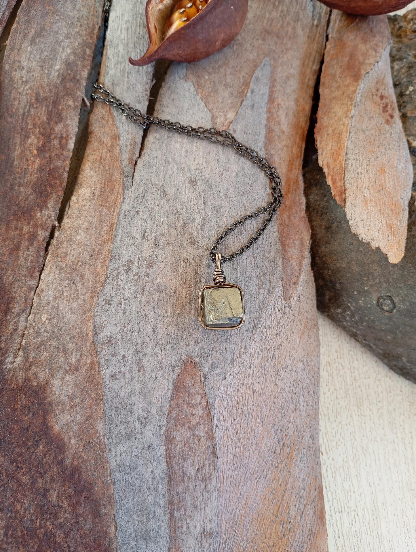 Natural Raw Pyrite Cube Pendant Necklace man or unisex, Wire Wrapped crystal Pendant, handmade, wealth stone