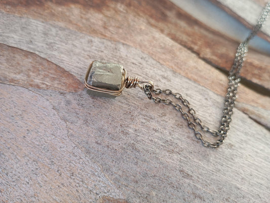 Natural Raw Pyrite Cube Pendant Necklace man or unisex, Wire Wrapped crystal Pendant, handmade, wealth stone