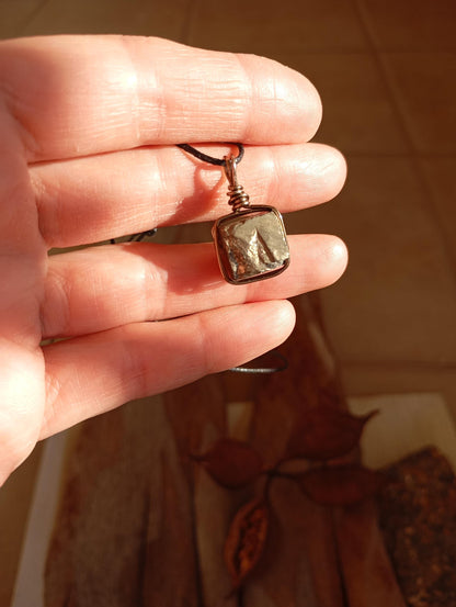 Natural Raw Pyrite Cube Pendant Necklace man or unisex, Wire Wrapped crystal Pendant, handmade, wealth stone