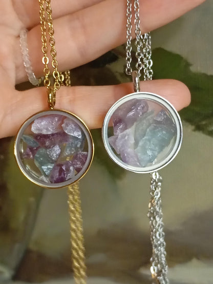 Raw fluorite Crystals Necklace, round glass locked Pendant Necklace, Healing stone Natural Gemstone Necklace, Protection Jewellery