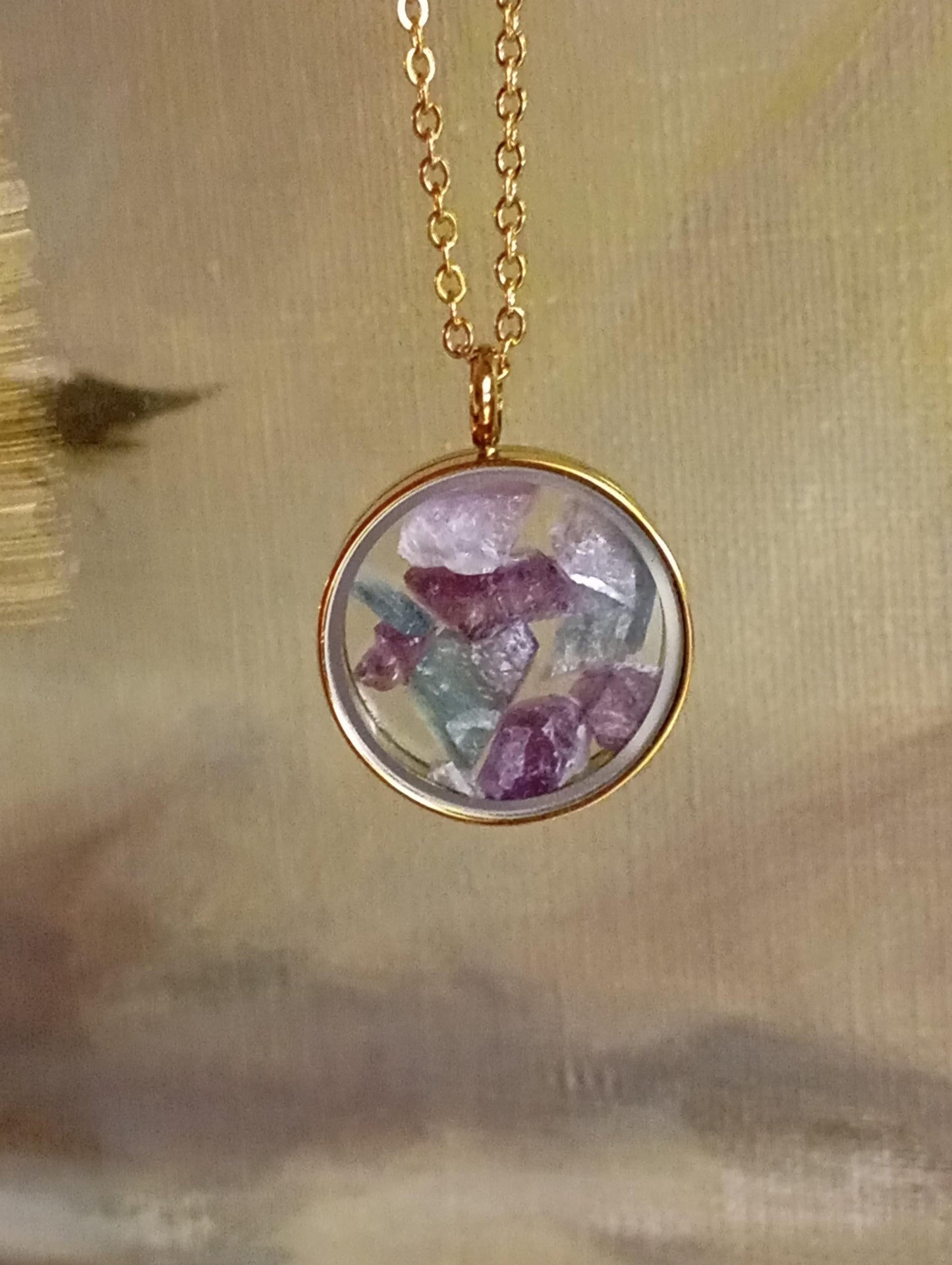 Raw fluorite Crystals Necklace, round glass locked Pendant Necklace, Healing stone Natural Gemstone Necklace, Protection Jewellery