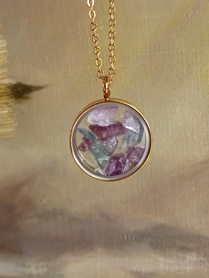 Raw fluorite Crystals Necklace, round glass locked Pendant Necklace, Healing stone Natural Gemstone Necklace, Protection Jewellery