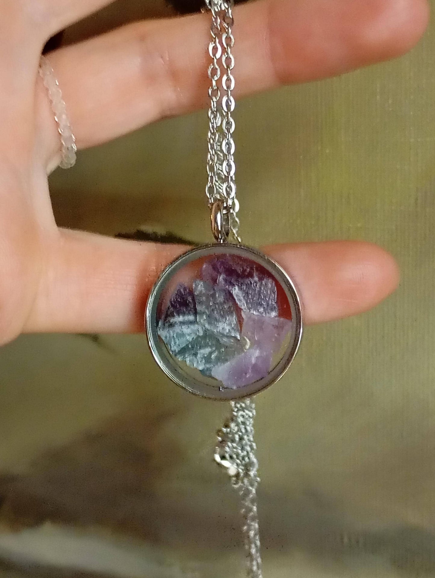 Raw fluorite Crystals Necklace, round glass locked Pendant Necklace, Healing stone Natural Gemstone Necklace, Protection Jewellery