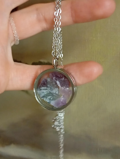 Raw fluorite Crystals Necklace, round glass locked Pendant Necklace, Healing stone Natural Gemstone Necklace, Protection Jewellery