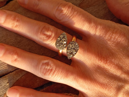 Gold Plated Stainless Steel Raw Pyrite Open Ring – Adjustable Teardrop Boho Statement Ring