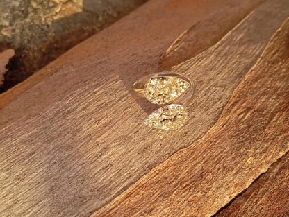 Gold Plated Stainless Steel Raw Pyrite Open Ring – Adjustable Teardrop Boho Statement Ring