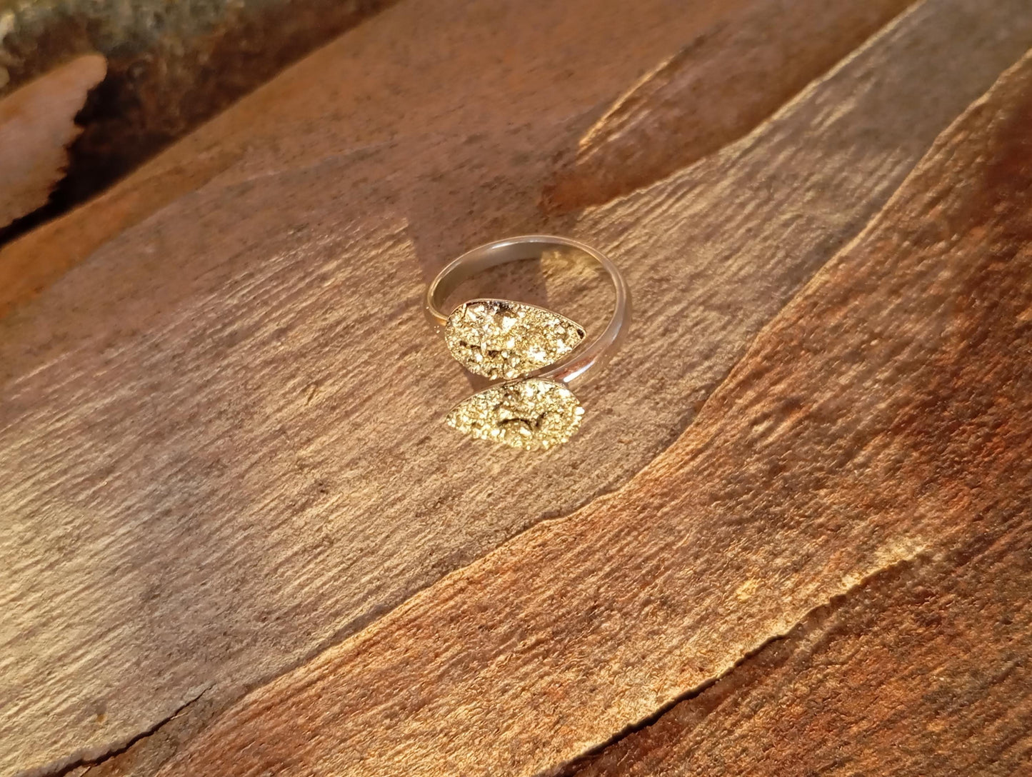 Gold Plated Stainless Steel Raw Pyrite Open Ring – Adjustable Teardrop Boho Statement Ring