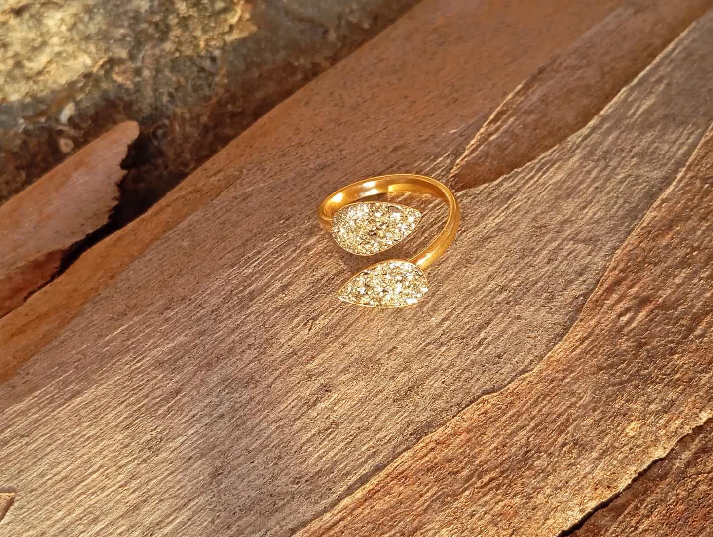 Gold Plated Stainless Steel Raw Pyrite Open Ring – Adjustable Teardrop Boho Statement Ring