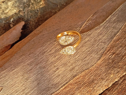 Gold Plated Stainless Steel Raw Pyrite Open Ring – Adjustable Teardrop Boho Statement Ring