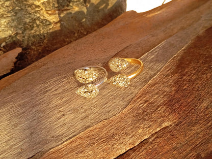Gold Plated Stainless Steel Raw Pyrite Open Ring – Adjustable Teardrop Boho Statement Ring