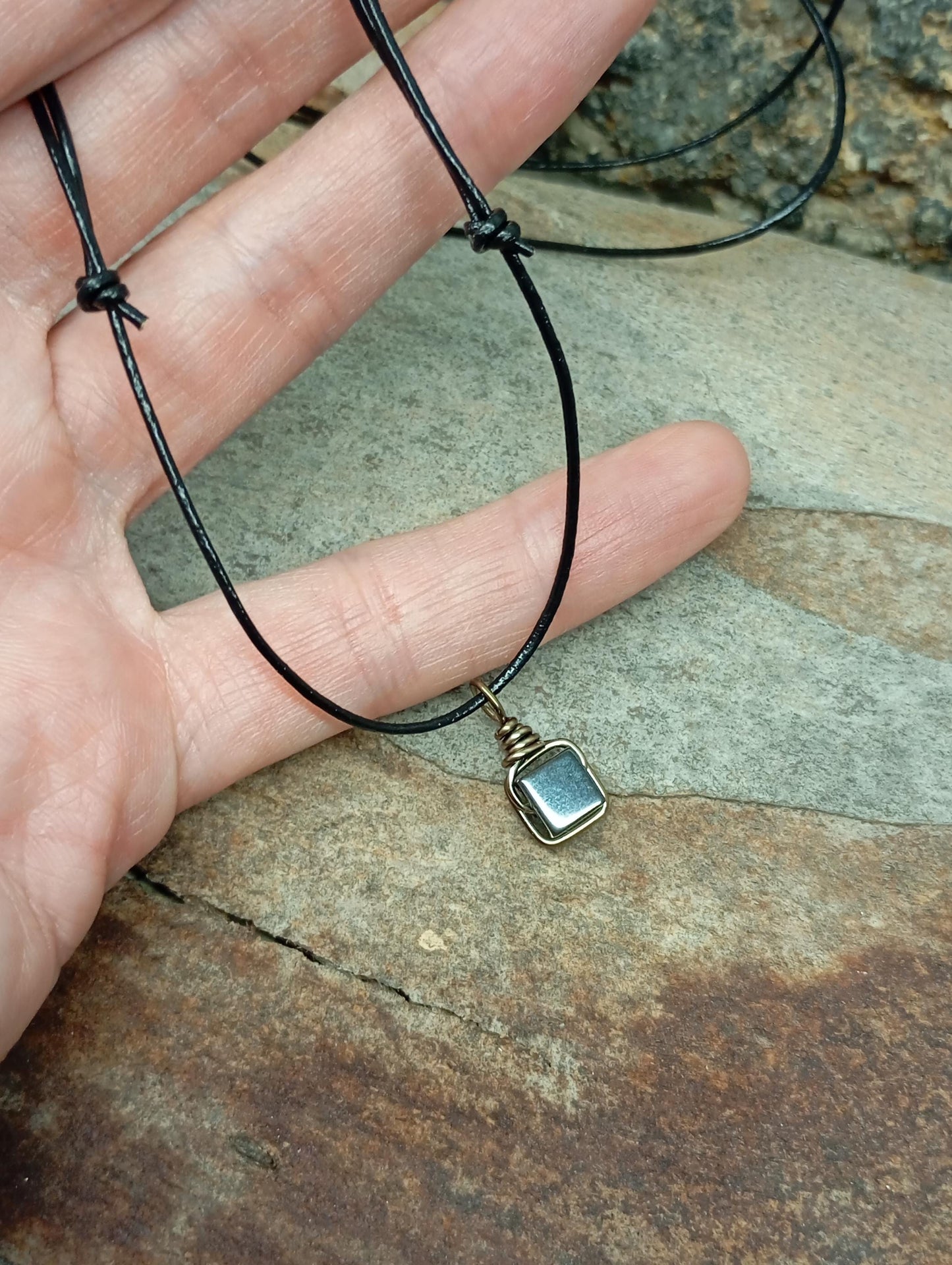 Hematite Cube Pendant Necklace Handmade wire wrap, Grounding, Healing Protection stone, Gift for men