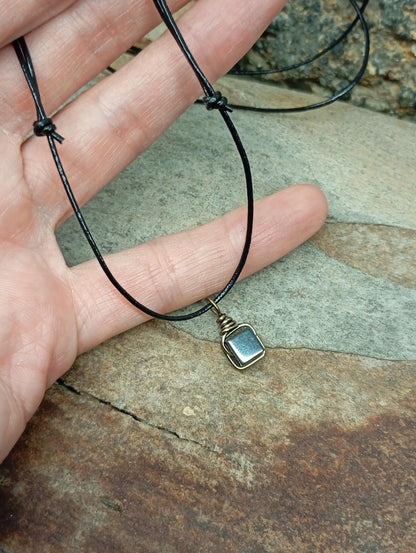Hematite Cube Pendant Necklace Handmade wire wrap, Grounding, Healing Protection stone, Gift for men