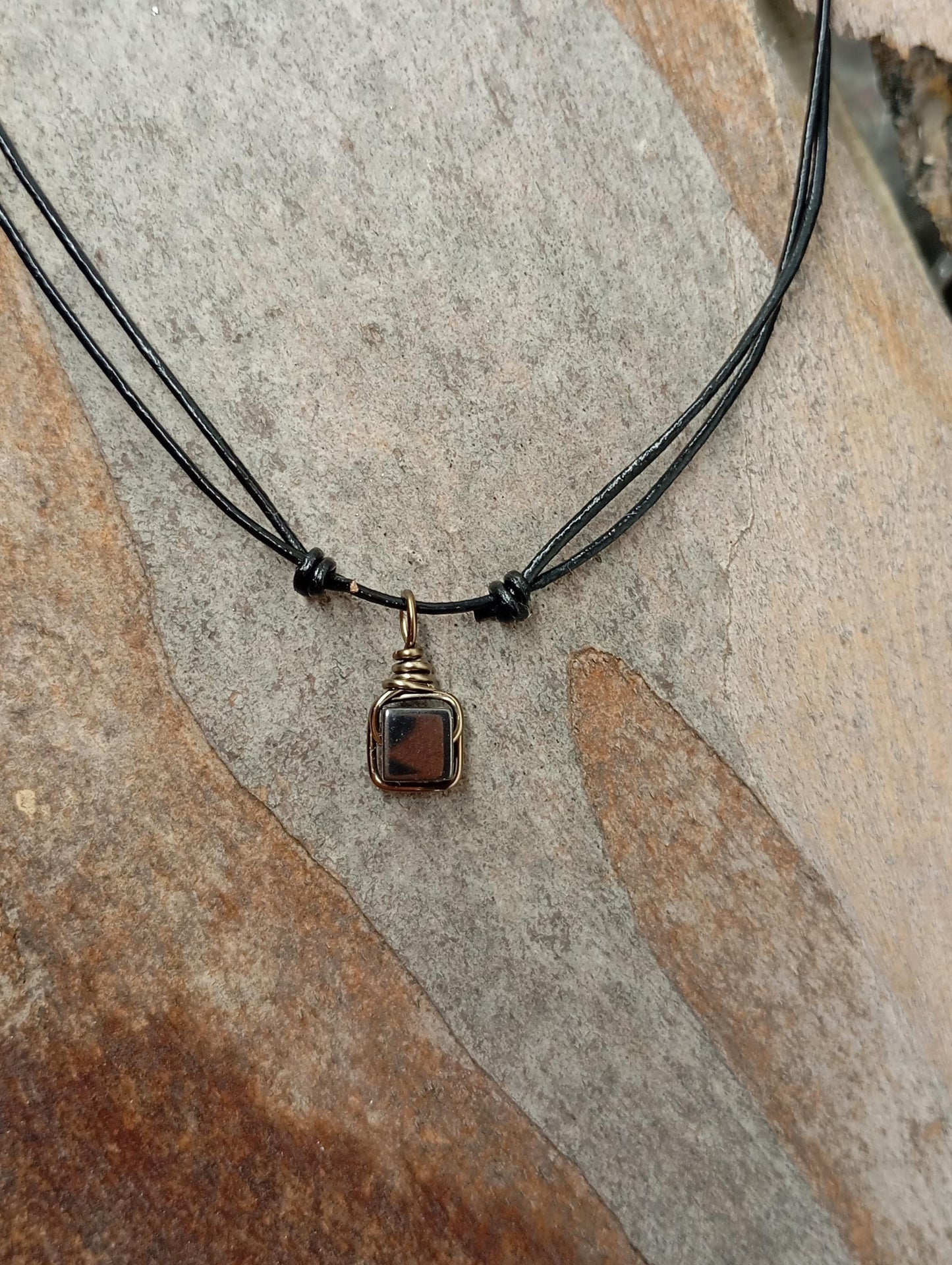 Hematite Cube Pendant Necklace Handmade wire wrap, Grounding, Healing Protection stone, Gift for men