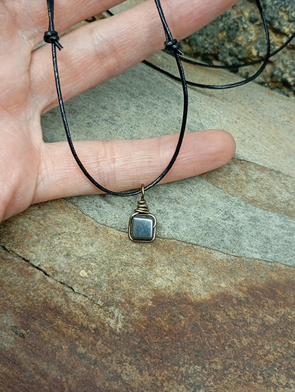 Hematite Cube Pendant Necklace Handmade wire wrap, Grounding, Healing Protection stone, Gift for men