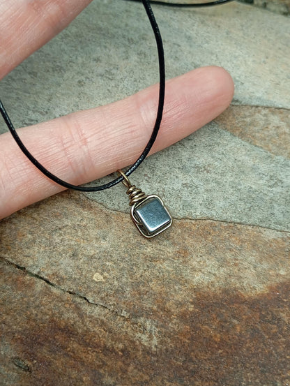 Hematite Cube Pendant Necklace Handmade wire wrap, Grounding, Healing Protection stone, Gift for men