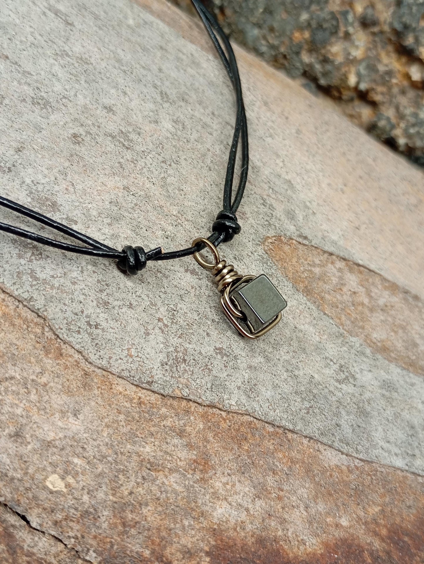 Hematite Cube Pendant Necklace Handmade wire wrap, Grounding, Healing Protection stone, Gift for men