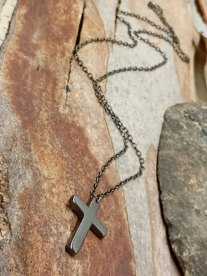 Hematite Cross Pendant Necklace,  Christian Religious Classic Cross Charms Gemstone Necklace, stainless steel chain Men , Gift for beliver