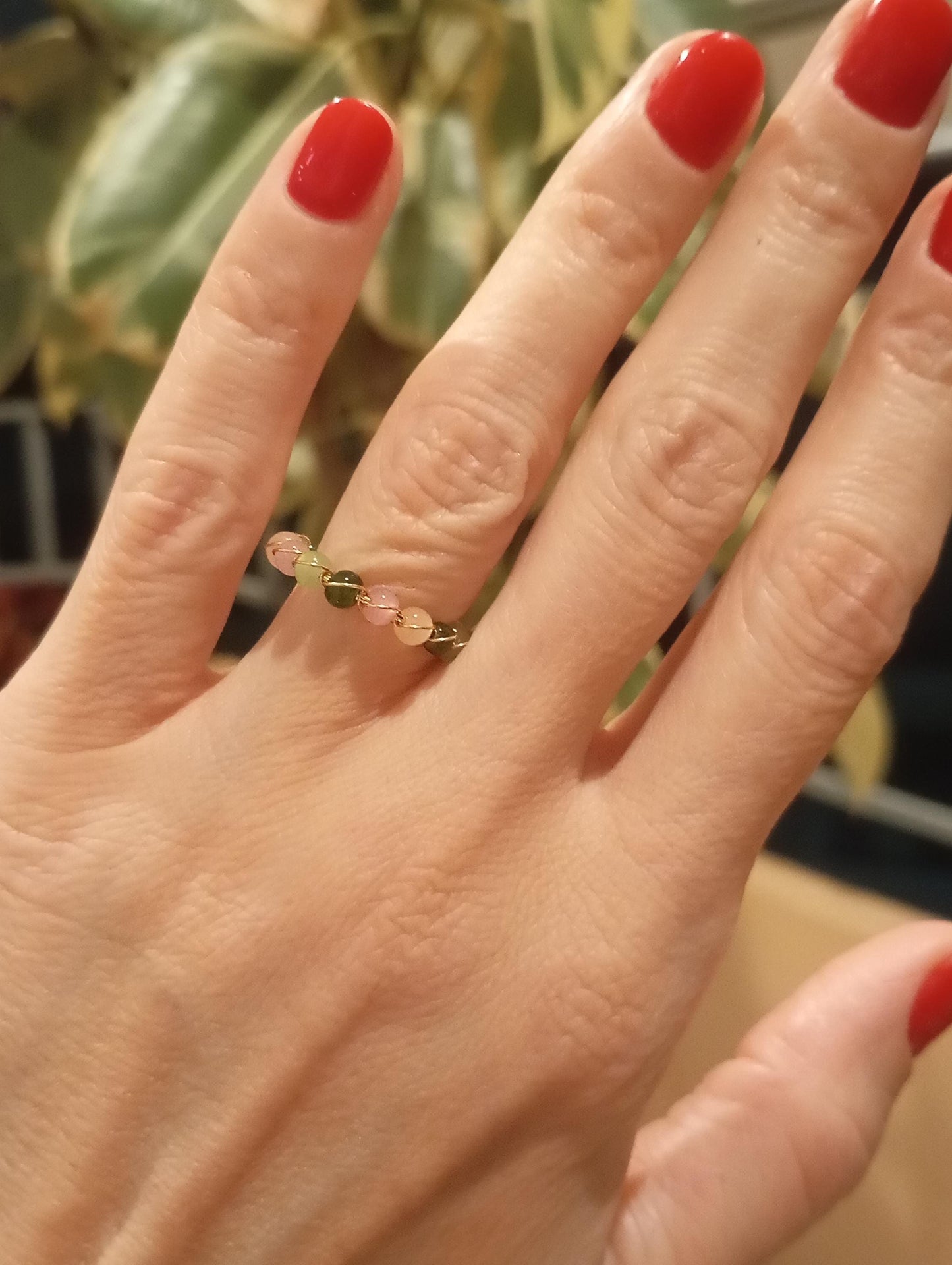 Tourmaline beads ring, natural gemstone open finger ring, dainty, matching elegant bohemian, adjustable ring