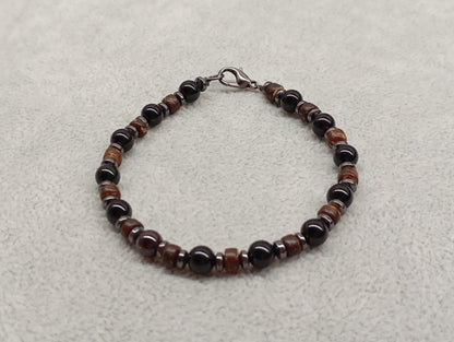 Mens bracelet with Black onyx round beads, hematite and wooden spacers natural Gemstone, Healing, Energy, Grounding, Protection, trendy