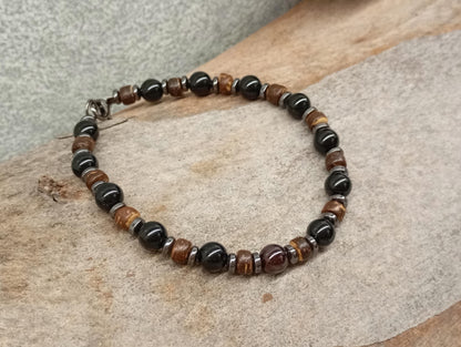 Mens bracelet with Black onyx round beads, hematite and wooden spacers natural Gemstone, Healing, Energy, Grounding, Protection, trendy