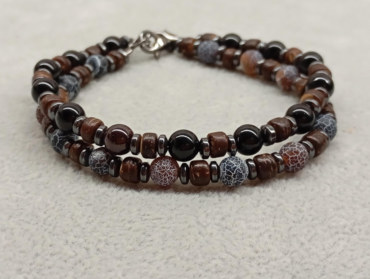 Mens bracelet with Black onyx round beads, hematite and wooden spacers natural Gemstone, Healing, Energy, Grounding, Protection, trendy