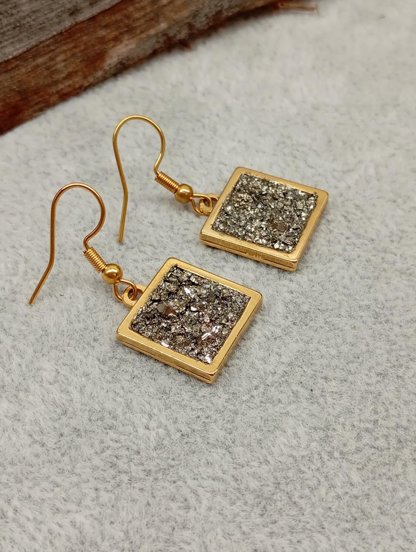 Raw Pyrite in Square cabochon, hooks stainless steel Earrings, wealth stone,bohemian,dainty, Healing, Protection, handmade,natural gemstone