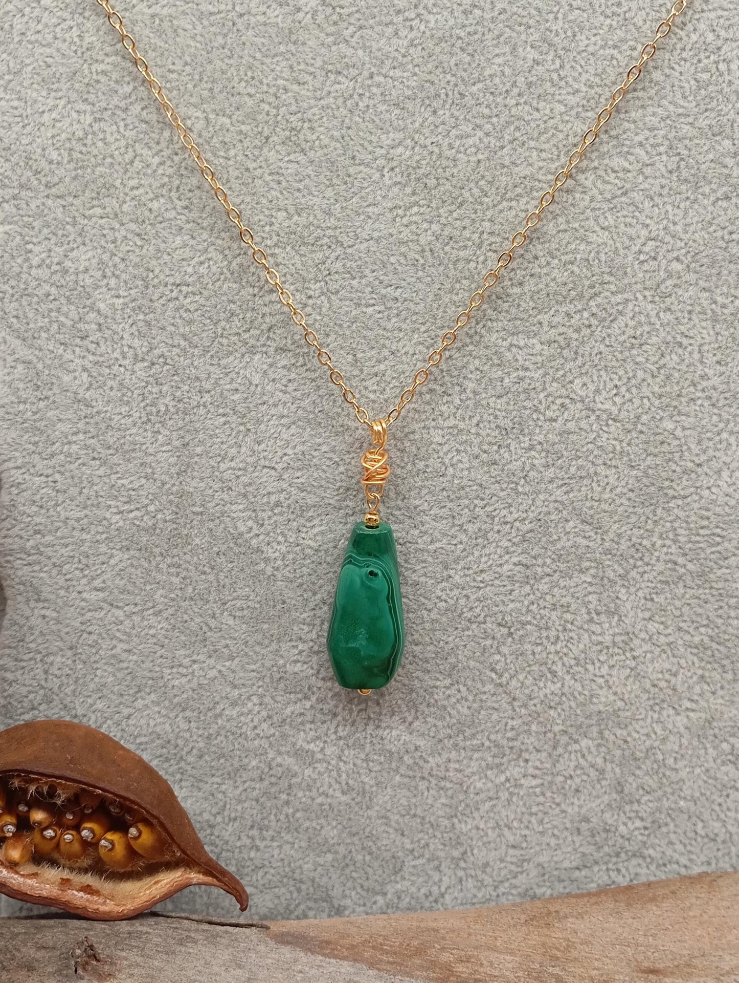 Green Malachite Pendant necklace, unique, Natural gemstone, gold plated stainless steel chain, handmade, wire wrap, gift for women, bohemian