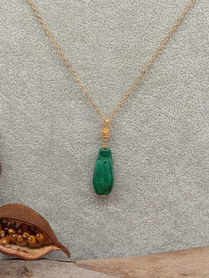 Green Malachite Pendant necklace, unique, Natural gemstone, gold plated stainless steel chain, handmade, wire wrap, gift for women, bohemian