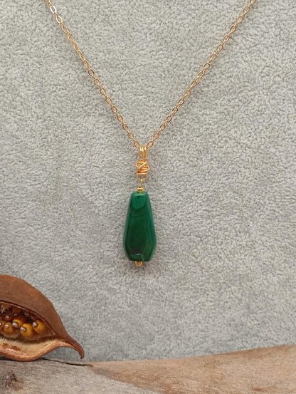 Green Malachite Pendant necklace, unique, Natural gemstone, gold plated stainless steel chain, handmade, wire wrap, gift for women, bohemian