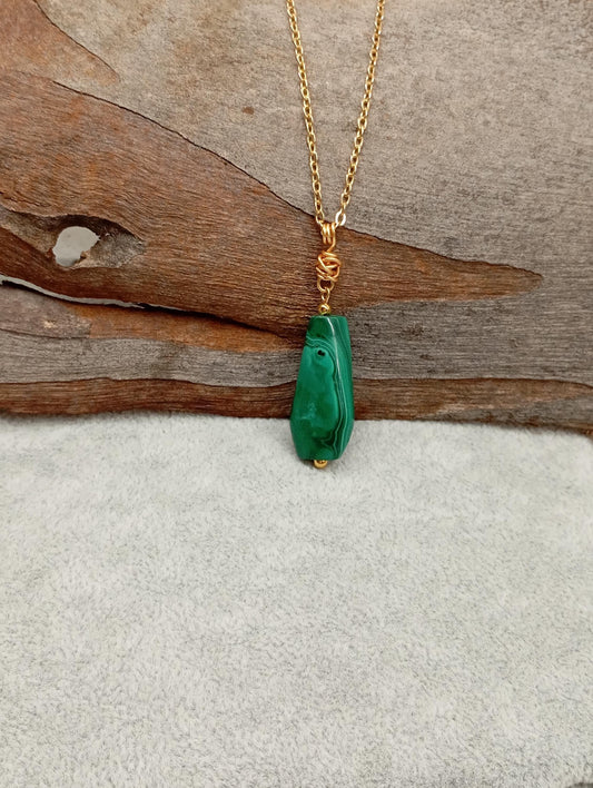 Green Malachite Pendant necklace, unique, Natural gemstone, gold plated stainless steel chain, handmade, wire wrap, gift for women, bohemian