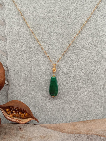 Green Malachite Pendant necklace, unique, Natural gemstone, gold plated stainless steel chain, handmade, wire wrap, gift for women, bohemian