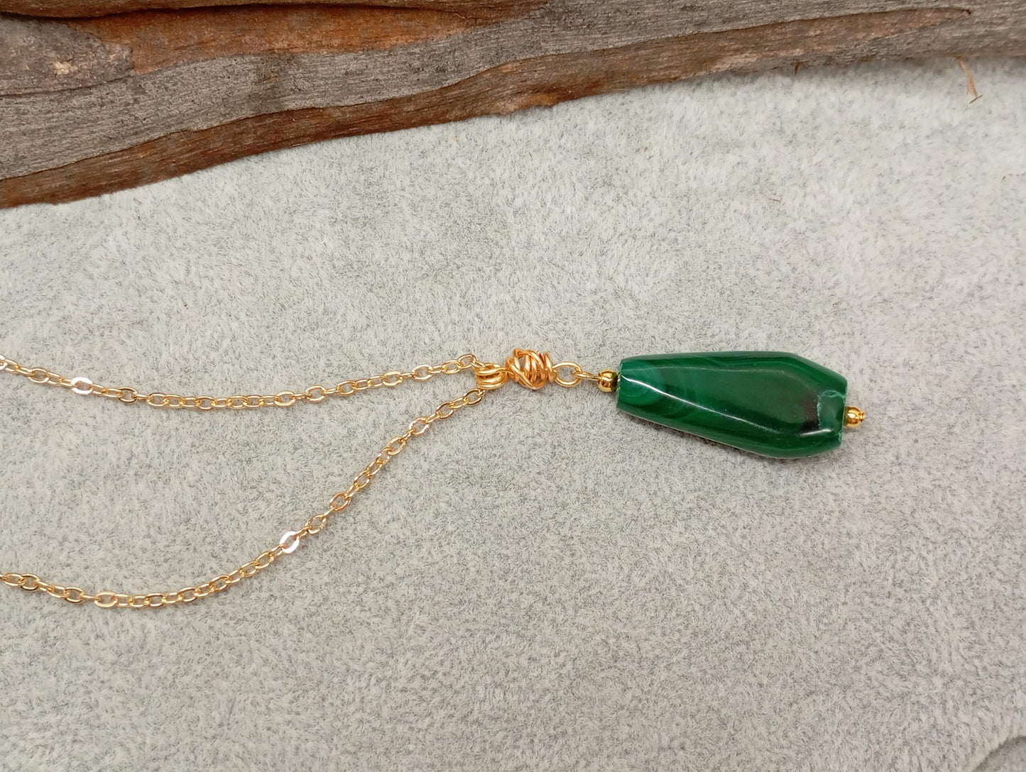 Green Malachite Pendant necklace, unique, Natural gemstone, gold plated stainless steel chain, handmade, wire wrap, gift for women, bohemian