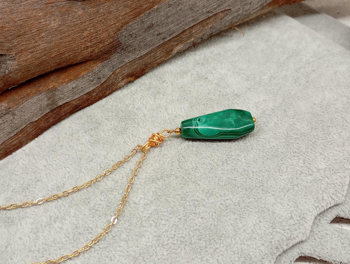 Green Malachite Pendant necklace, unique, Natural gemstone, gold plated stainless steel chain, handmade, wire wrap, gift for women, bohemian