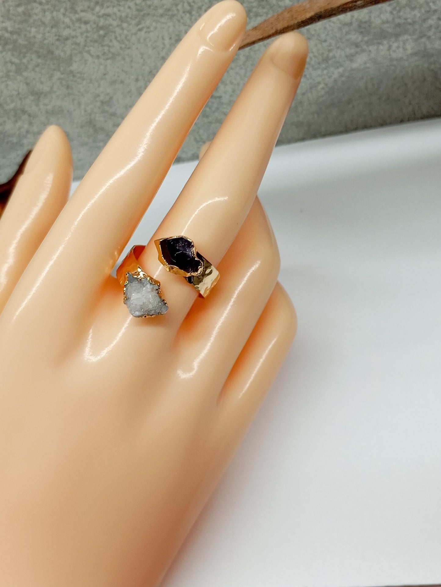 Raw Amethyst and quartz druzy crystals adjustable open finger ring, gold plated,bohemian dainty elegant,protection, mascot,party, wedding