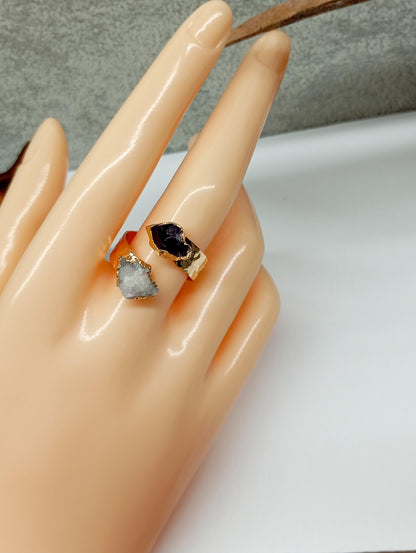 Raw Amethyst and quartz druzy crystals adjustable open finger ring, gold plated,bohemian dainty elegant,protection, mascot,party, wedding