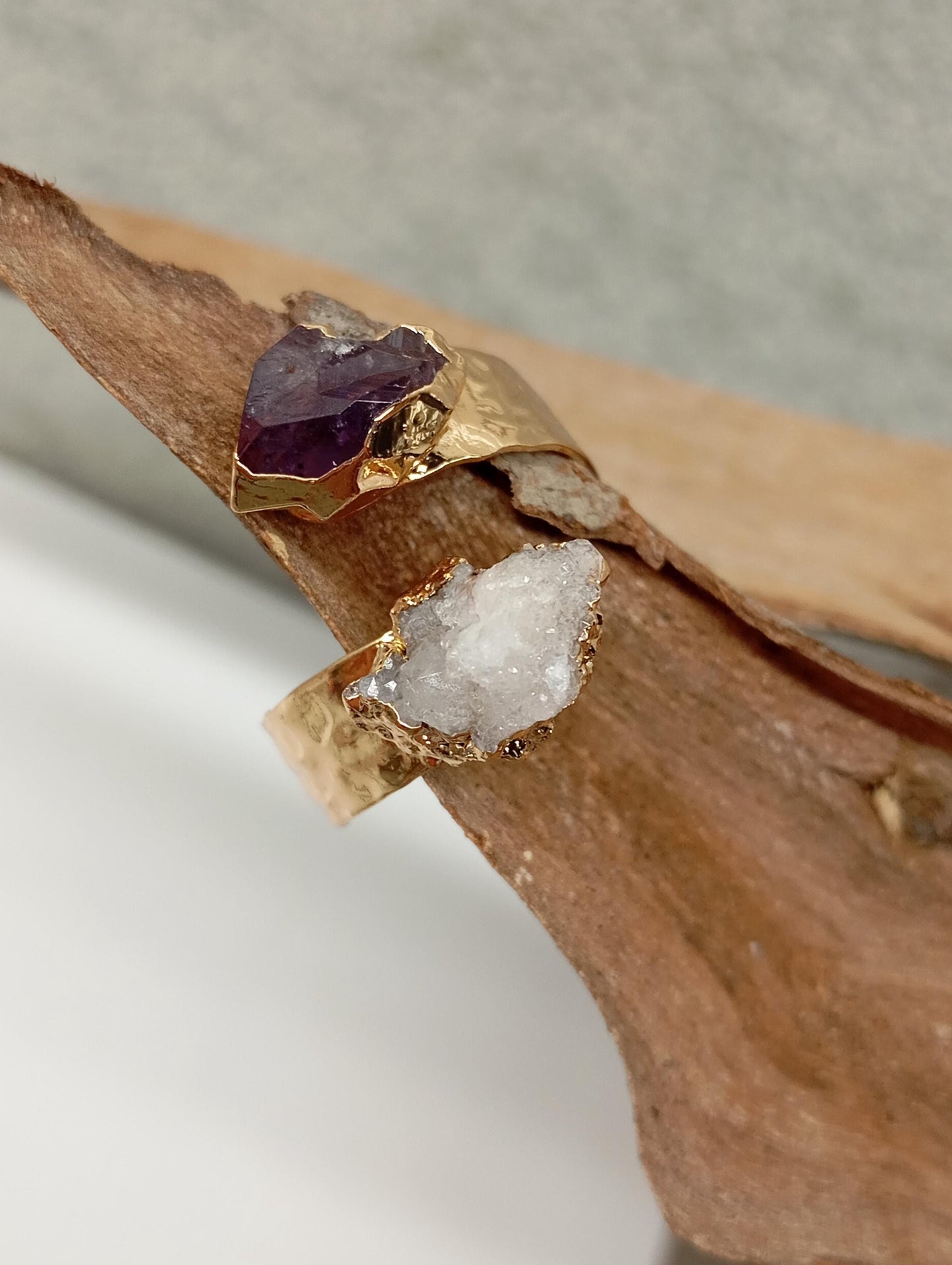 Raw Amethyst and quartz druzy crystals adjustable open finger ring, gold plated,bohemian dainty elegant,protection, mascot,party, wedding