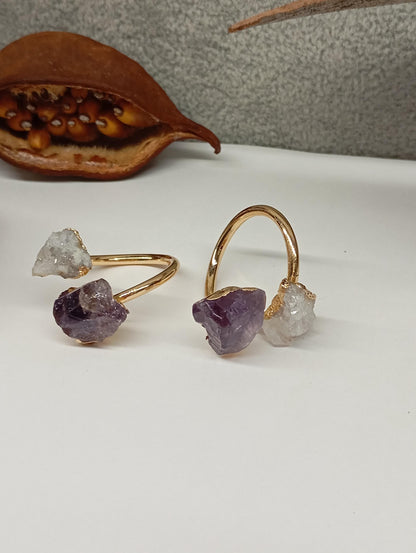 Raw Amethyst and quartz druzy crystals adjustable open finger ring,brass gold plated,bohemian dainty elegant,protection,party,wedding,mascot