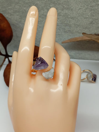 Raw Amethyst and quartz druzy crystals adjustable open finger ring,brass gold plated,bohemian dainty elegant,protection,party,wedding,mascot