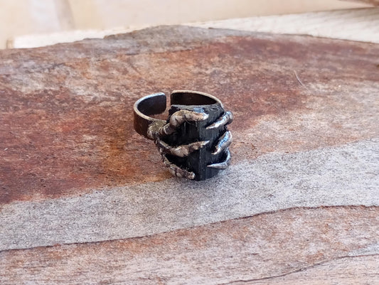 Raw Black Tourmaline claws ring, adjustable finger ring, gemstone,Reiki, antique bronze,retro,gothic evil eye protection stone,mascot,amulet