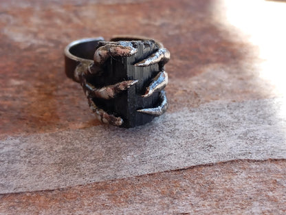 Raw Black Tourmaline claws ring, adjustable finger ring, gemstone,Reiki, antique bronze,retro,gothic evil eye protection stone,mascot,amulet