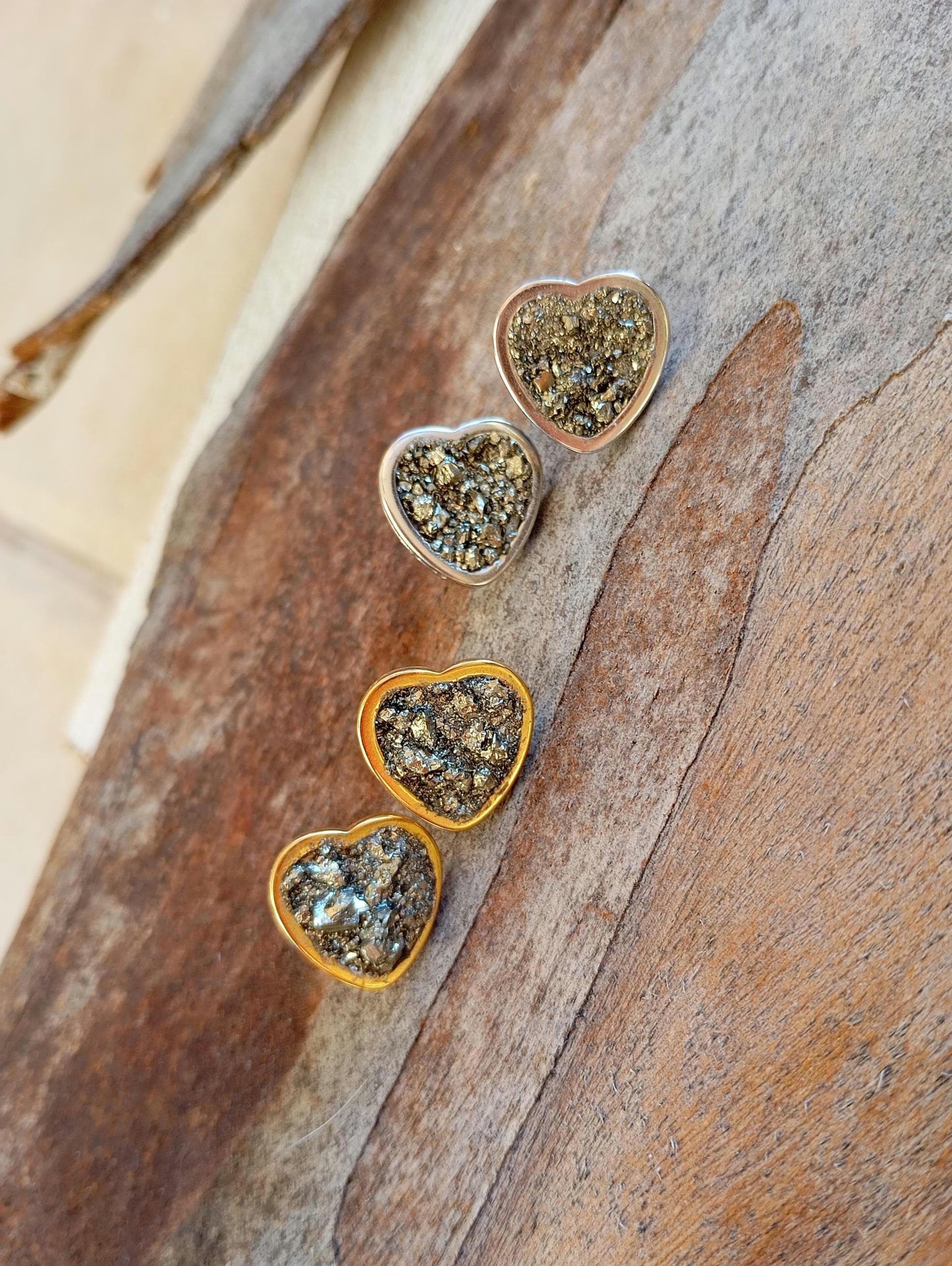 Heart Pyrite Studs Earrings, wealth stone, Healing, protection, raw Iron Pyrite cubes gemstone earrings, handmade dainty earrings