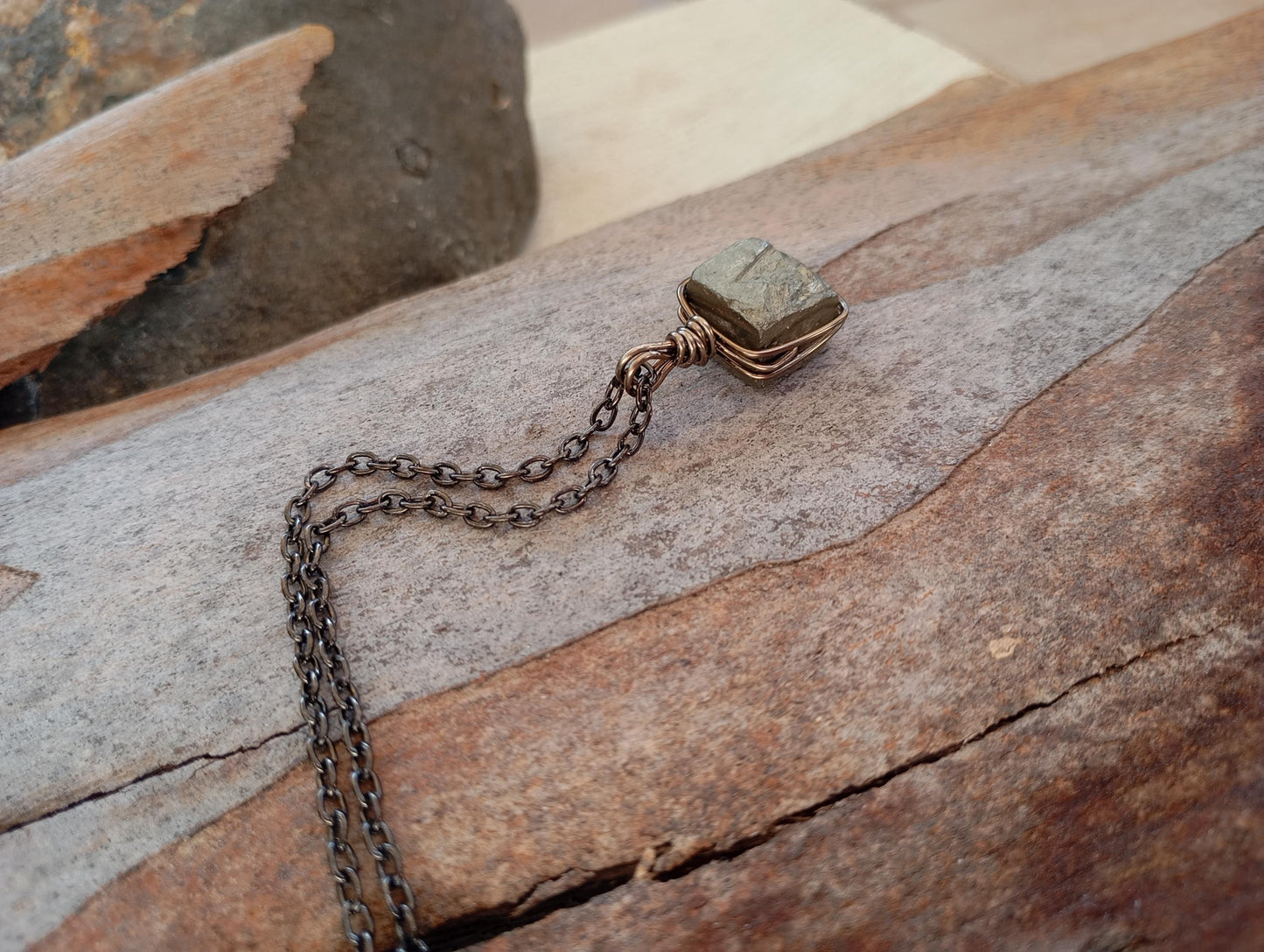 Natural Raw Pyrite Cube Pendant Necklace man or unisex, Wire Wrapped crystal Pendant, handmade, wealth stone