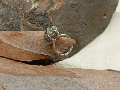 Raw Pyrite Adjustable Ring – Stainless Steel Crystal Cluster
