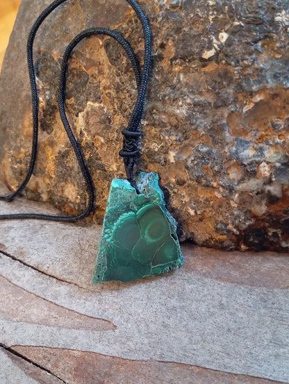 Green Malachite Pendant necklace, unique, Natural gemstone, adjustable black cord, handmade, gift for women, bohemian