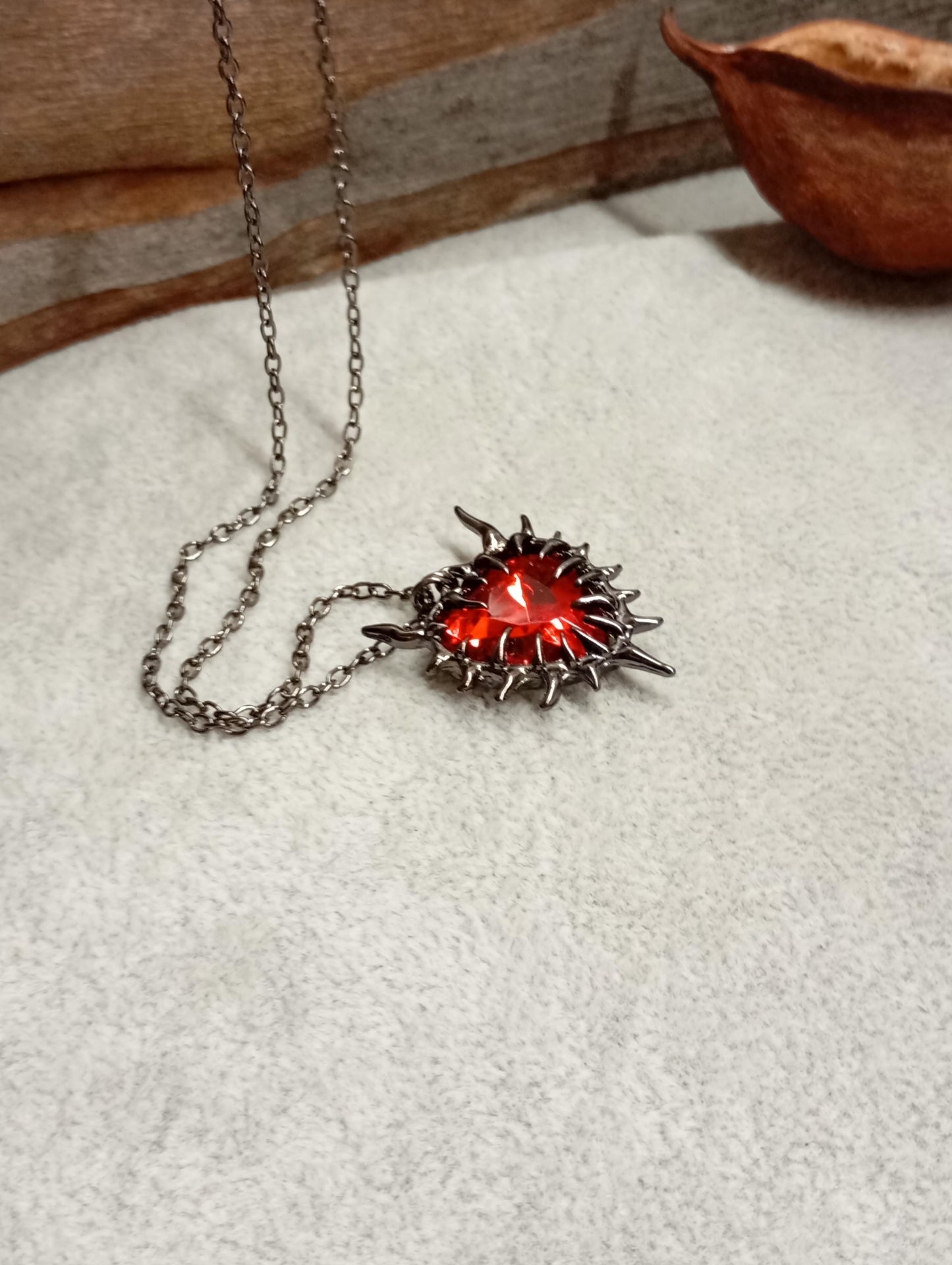 Red Heart Thorn Pendant Necklace – Black Plated Chain
