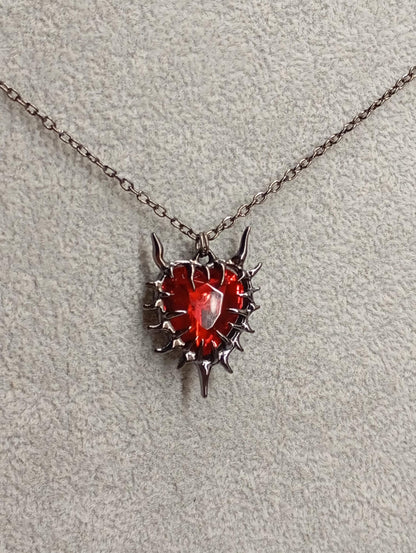 Red Heart Thorn Pendant Necklace – Black Plated Chain
