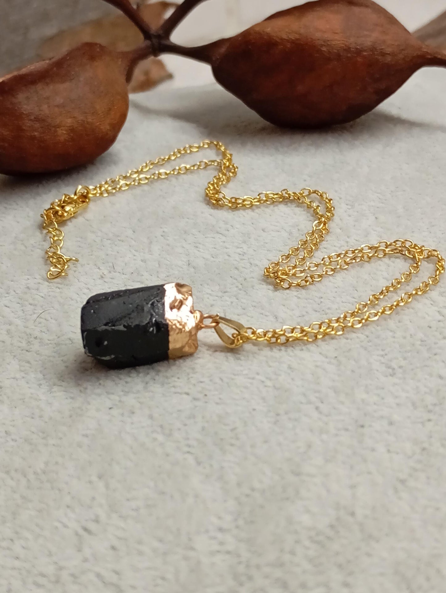 Black Tourmaline Pendant Necklace gold Electroplated cup gemstone necklace, Reiki, Protection, Healing Gorgeous Dainty Necklace