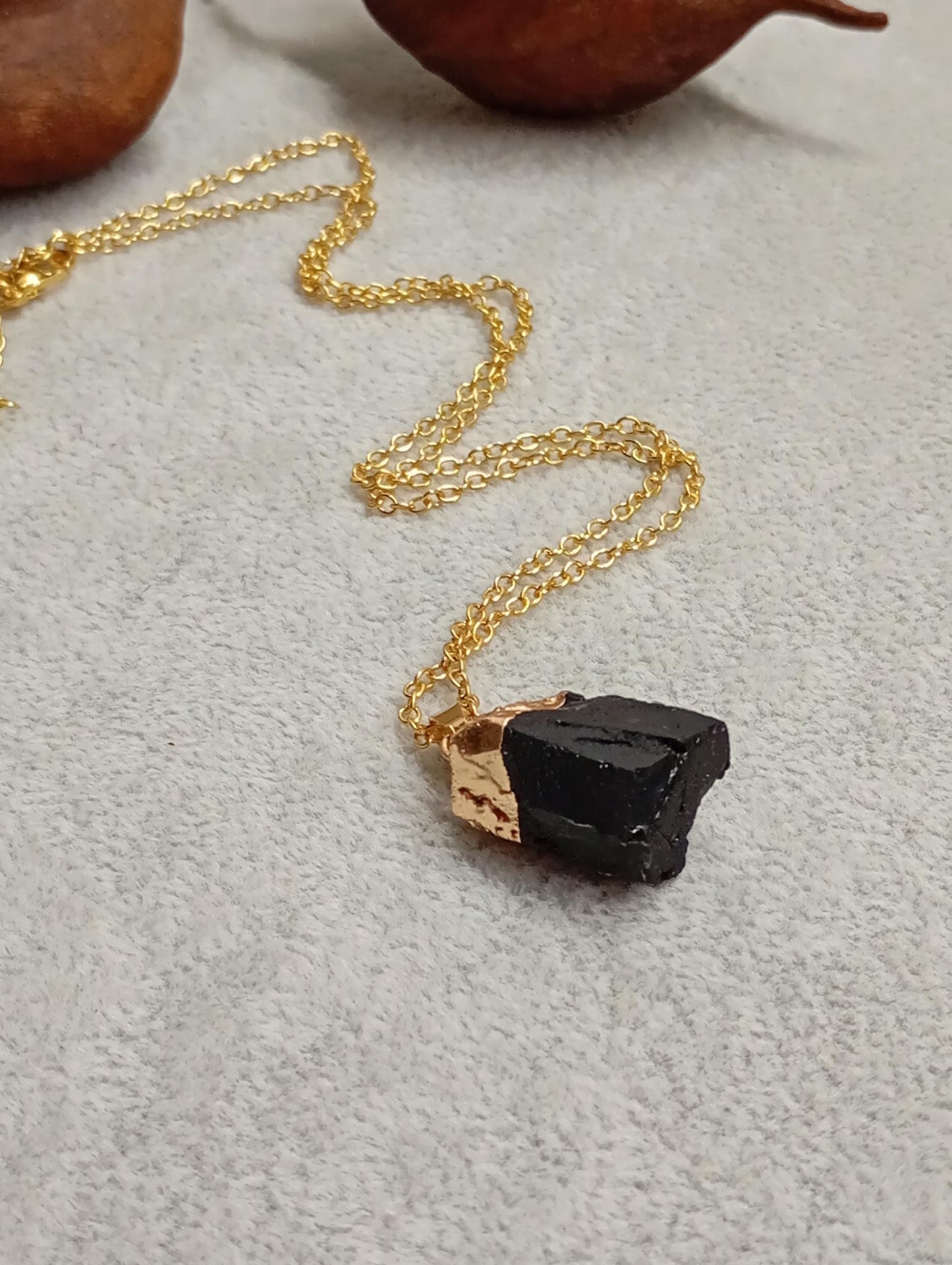 Black Tourmaline Pendant Necklace gold Electroplated cup gemstone necklace, Reiki, Protection, Healing Gorgeous Dainty Necklace